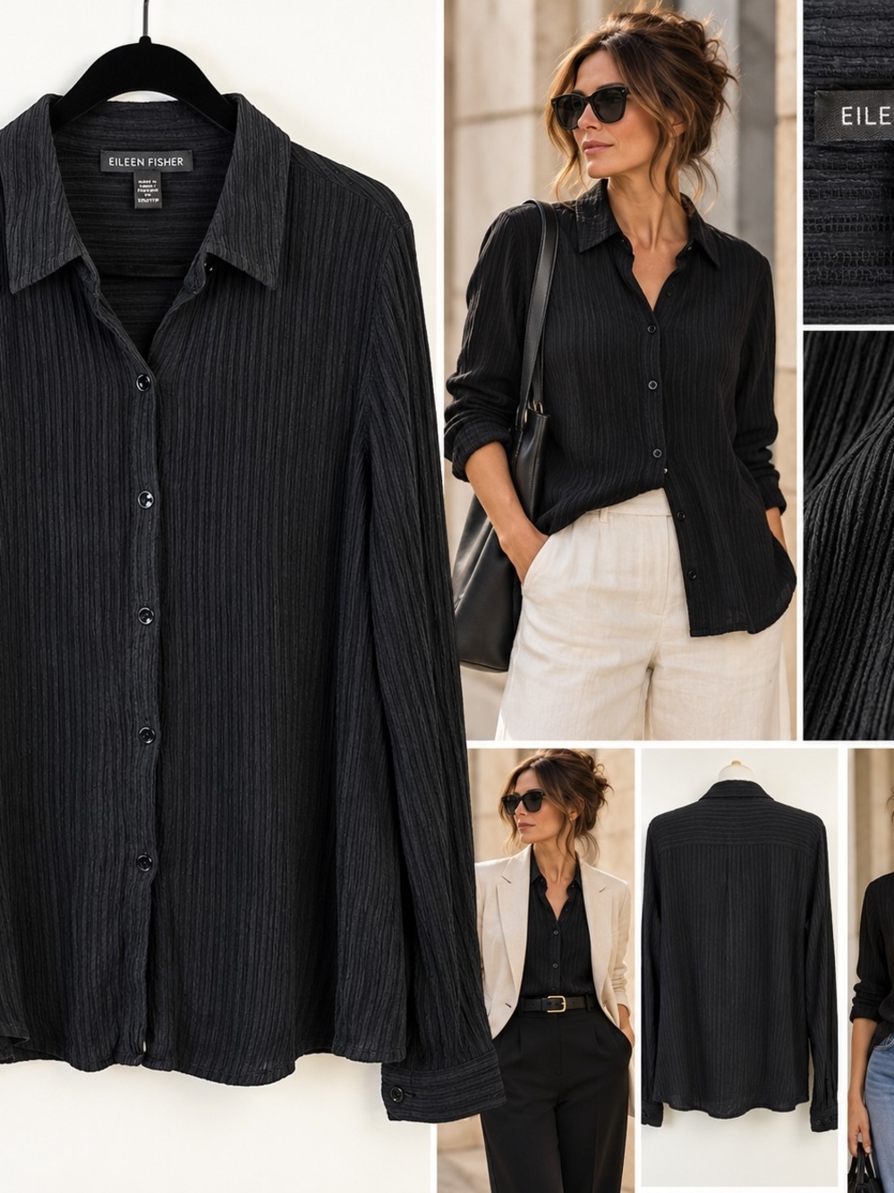Eileen Fisher XXS Black 100% Silk Textured Shirt Quiet Luxury Minimalist